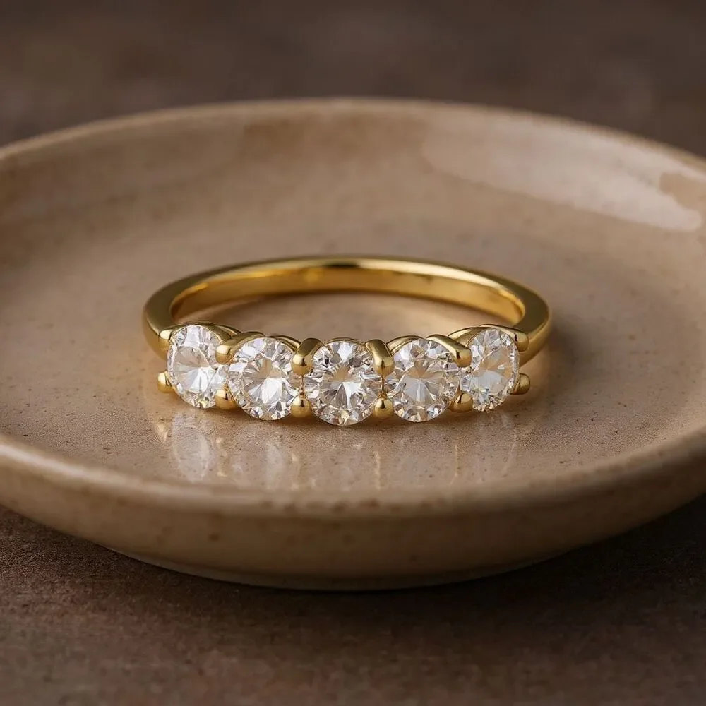 Radiance Reimagined: 1.25ct Five-Stone Moissanite Ring in 14k Gold Vermeil Sz 6